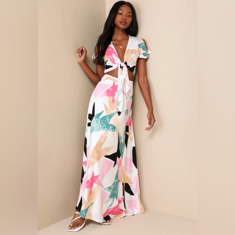 Lulus Daydreaming White Print Two-Piece Maxi Dress. Size L.